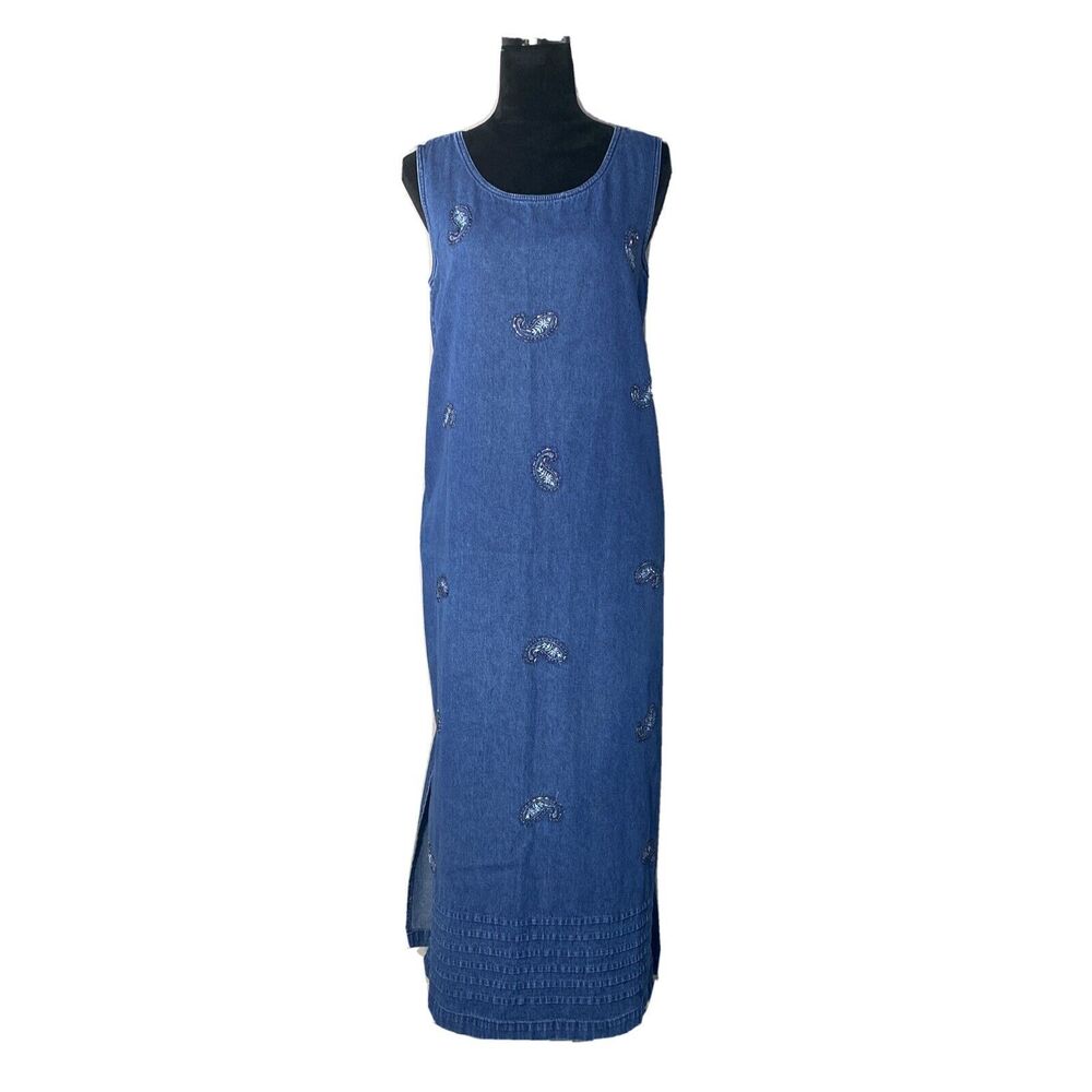 Jane Ashley Dress M L Denim‎ Cottage Core Bead Paisley Jumper Embroider